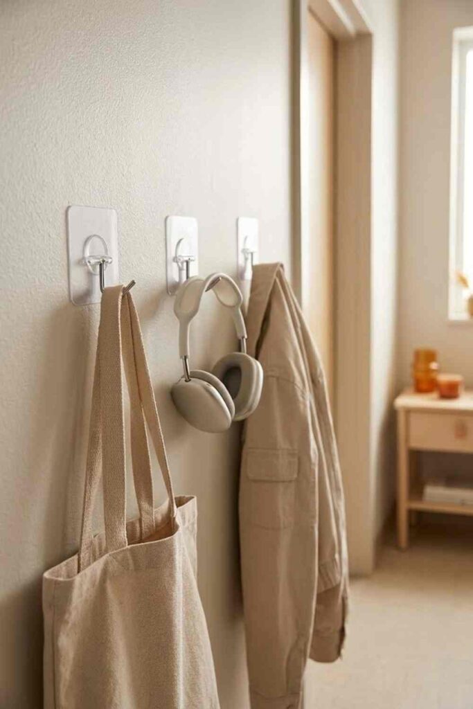 Transparent adhesive command hooks on dorm room wall holding tote bag headphones and jacket 