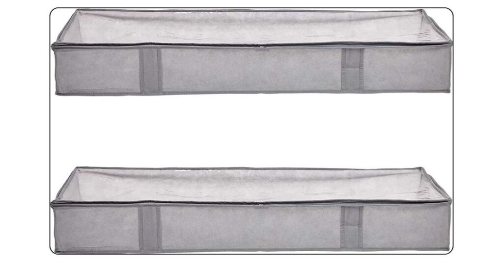 Two grey fabric under bed storage bags with clear top windows under raised dorm bed frame showing folded clothes inside
