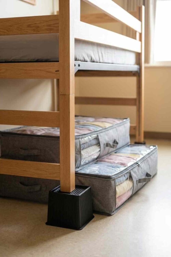 Two grey under bed storage bags with clear window panels showing folded clothes under raised dorm bed

