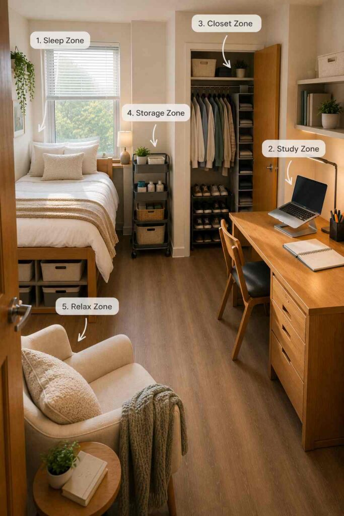 Organized college dorm room with clearly defined sleep, study, closet, storage, and relaxation zones in a small student living space.