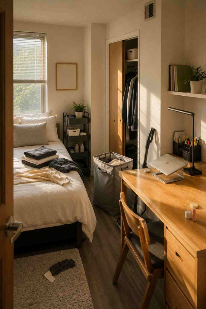 College dorm room on Sunday afternoon mid-reset with folded clothes on bed desk surface being cleared laundry hamper half full and vacuum leaning against wall ready to use