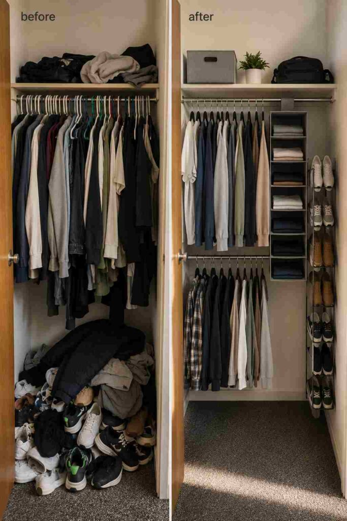 Dorm room closet before and after transformation left side showing chaotic pile of clothes and shoes right side showing slim velvet hangers hanging organizer and vertical shoe storage with clear floor