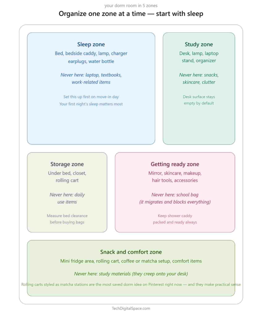 Dorm room floor plan diagram showing five color coded organization zones including sleep zone in blue study zone in teal storage zone in grey getting ready zone in pink and snack zone in green