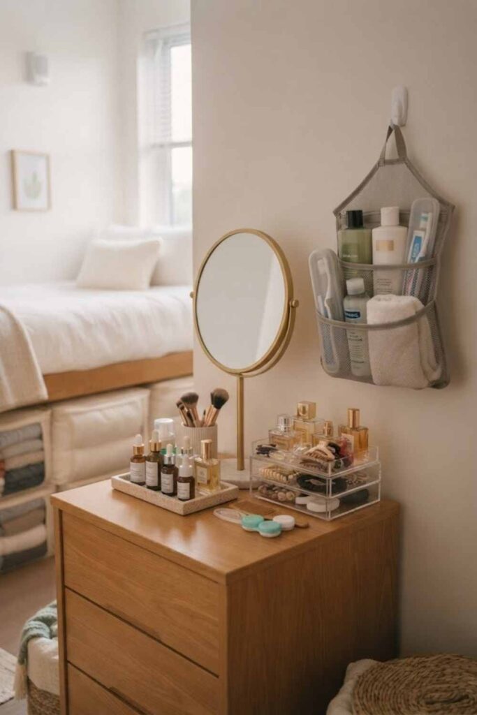 Organized college dorm room getting-ready zone featuring a tabletop mirror, skincare products, makeup organizer, beauty essentials, and a hanging shower caddy ready for a shared dorm bathroom.