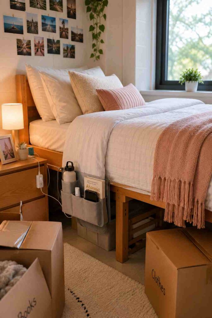 A well-organized dorm room sleep zone with a made bed, bedside caddy, lamp, and charging station creates a comfortable and functional space for move-in day.