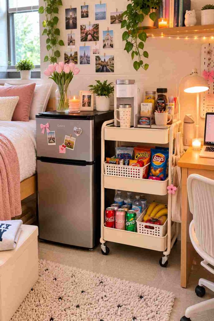Organized college dorm room snack zone with a mini fridge, rolling storage cart, coffee station, tea supplies, snacks, drinks, and a study desk nearby.