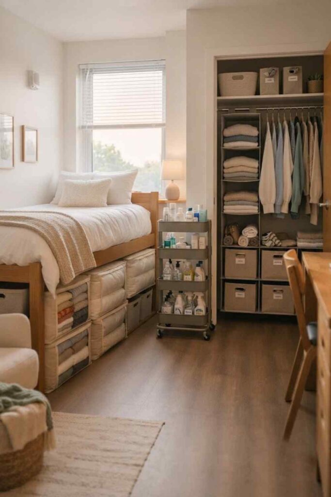 Organized college dorm room storage zone with under-bed storage bags, hanging closet organizer, rolling cart, folded clothes, storage bins, and space-saving dorm organization solutions.