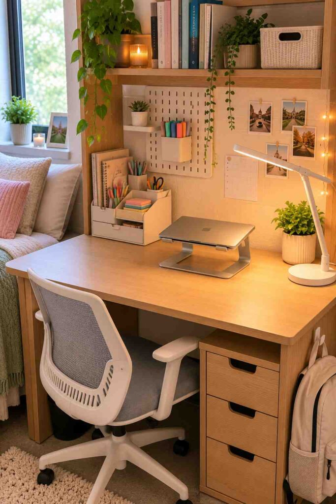 Organized college dorm room study zone featuring a clean desk, laptop stand, LED desk lamp, desk organizer, ergonomic chair, and neatly arranged study supplies in a modern dorm room.