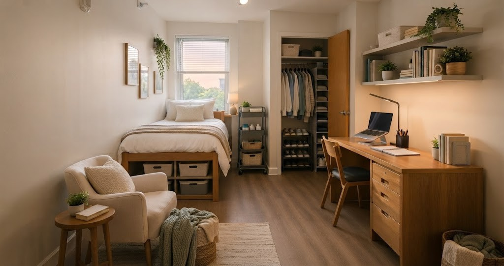 Organized college dorm room showing five labeled zones including sleep zone study zone closet zone storage zone and relax zone with warm natural lighting clear floor space and neatly arranged furniture